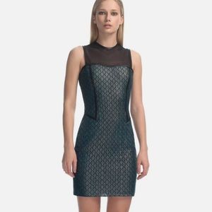 Yigal Azrouel Metallic Green Lace Lambskin Mesh Sheath Dress - 4